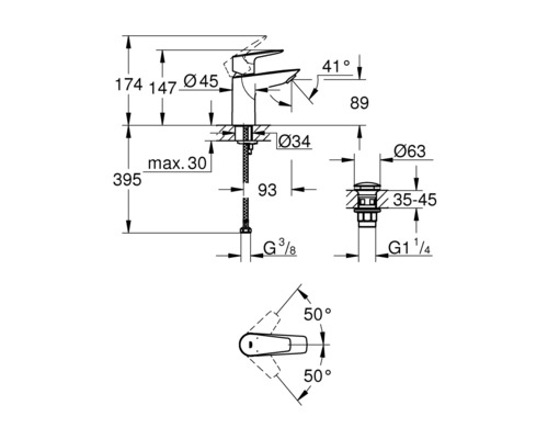 Technische Zeichnung einer Armatur mit Maßangaben