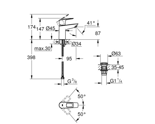 Schéma technique d''un robinet de lavabo avec dimensions