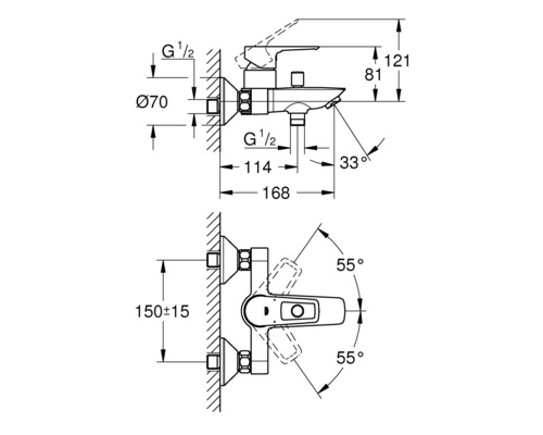 Schéma technique d''un mitigeur de douche avec dimensions