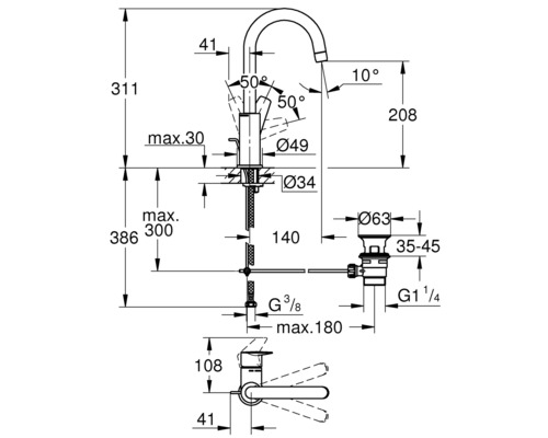 Maßzeichnung einer Armatur mit allen Maßangaben