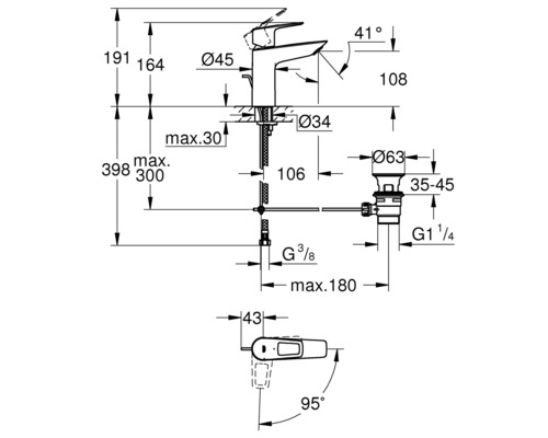 Schéma technique d''un robinet avec indications de dimensions