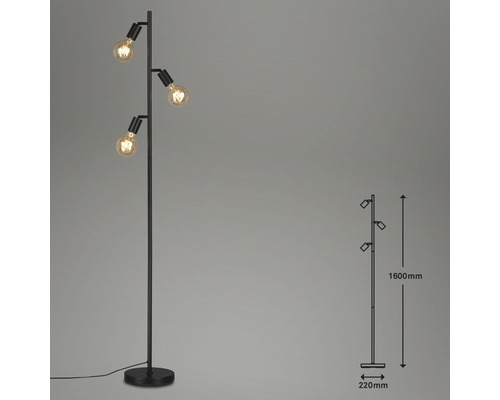 Schwarze Stehlampe mit drei Leuchten und Maßangaben