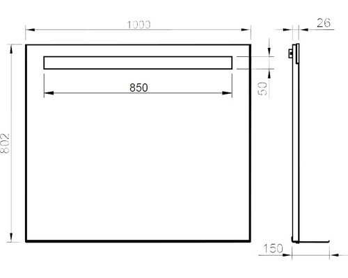 Technische Zeichnung eines Spiegels mit den Maßen 1000 x 802 mm