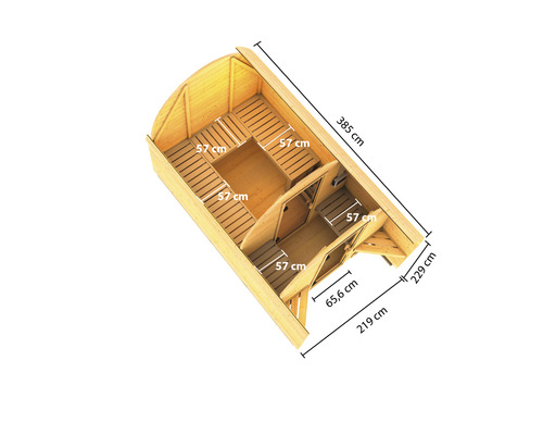 Vue de dessus d''un sauna de jardin avec indication des dimensions