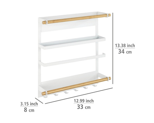 Magnetisches Küchenregal aus Metall mit drei Ablagen und Hakenleiste zur Aufbewahrung von Küchenutensilien