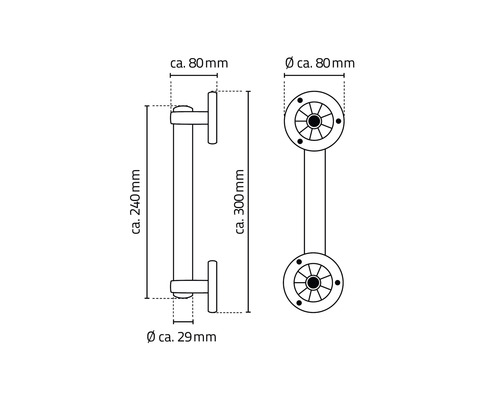 Schéma technique d''une barre de préhension avec indication des dimensions