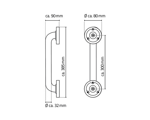 Technische Zeichnung eines Türgriffs mit Maßangaben