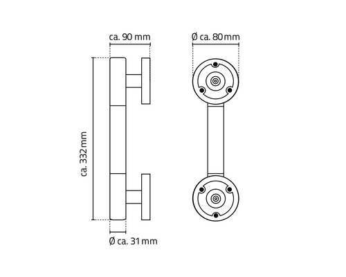 Technische Zeichnung eines Stangengriffs mit Maßangaben