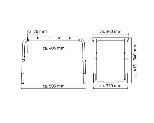 Technische Zeichnung eines Badhockers mit Maßangaben