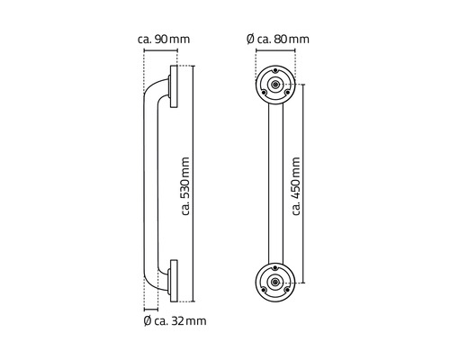 Technische Zeichnung eines Haltegriffs mit Maßangaben