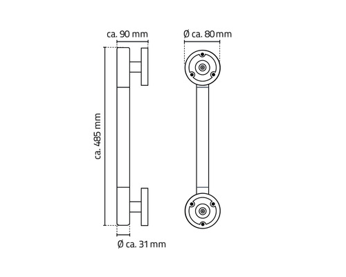 Technische Zeichnung eines Türgriffs mit Maßangaben