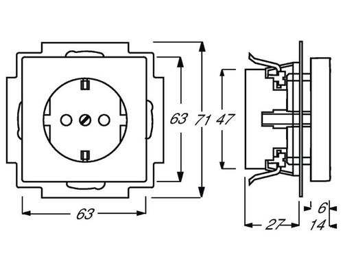 Schéma technique d''une prise de courant avec indications de dimensions