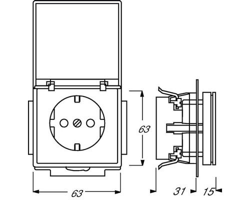 Zeichnung einer Schutzkontaktsteckdose mit Klappdeckel inklusive Maßangaben.