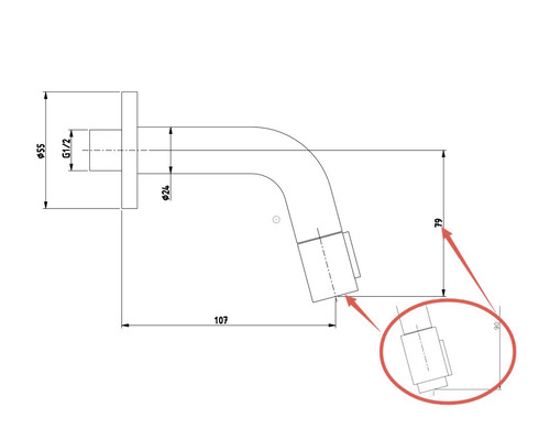 Technische Zeichnung einer Wandauslaufarmatur mit Maßangaben