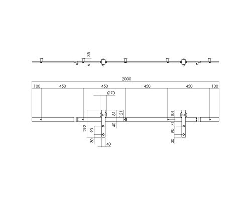 Technische Zeichnung eines Schiebetürbeschlags mit Maßangaben