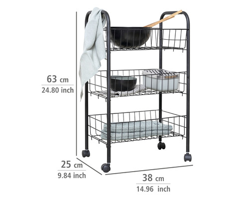 Rollwagen mit drei Ablagekörben und Utensilien