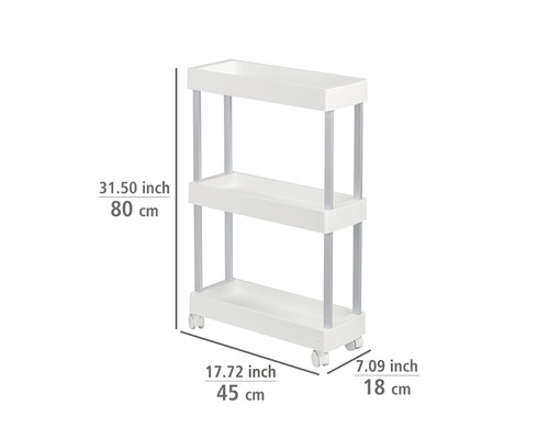 Schmaler, weißer Rollwagen mit drei Ablagen und Maßangaben.