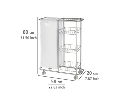 Chariot à linge avec panier à linge et trois paniers de rangement en métal, dimensions indiquées