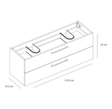 Waschbeckenunterschrank mit zwei Schubladen und Maßangaben