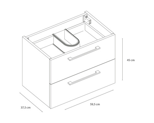 Dessin d''un meuble sous-vasque avec deux tiroirs et indications de dimensions.
