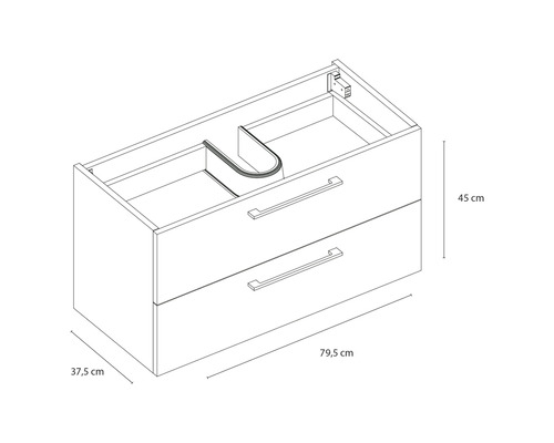 Dessin d''un meuble sous-vasque avec des dimensions de 79,5 cm de large, 45 cm de haut et 37,5 cm de profondeur.