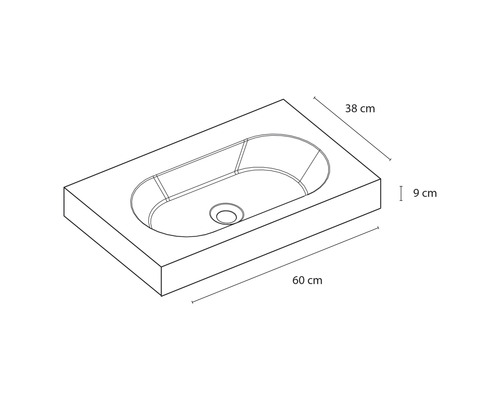 Zeichnung eines Aufsatzwaschbeckens mit den Maßen 60 cm Länge, 38 cm Breite und 9 cm Höhe