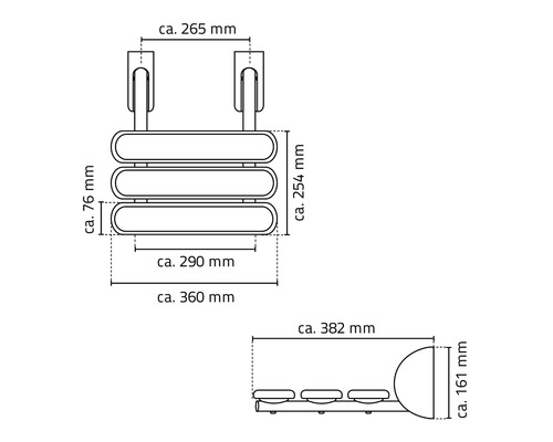 Technische Zeichnung eines Badheizkörpers mit Maßangaben