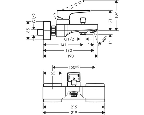 Plan coté d''un robinet avec les dimensions de l''installation