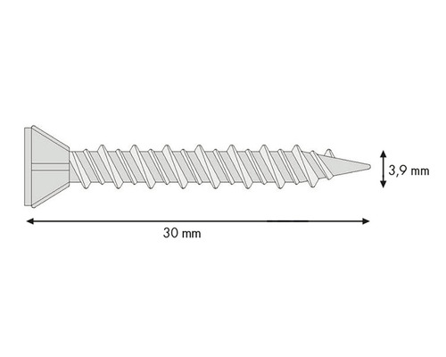 Illustration einer Senkkopfschraube mit den Maßen 30 mm Länge und 3,9 mm Durchmesser.