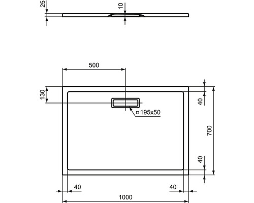 Technische Zeichnung einer Duschwanne mit Maßangaben