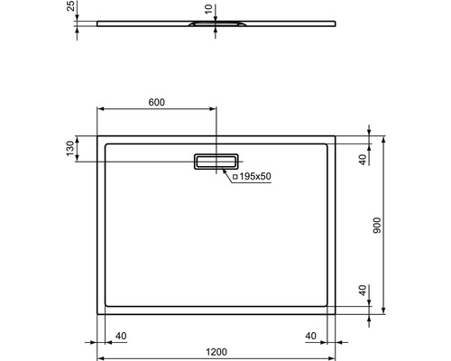 Dessin technique d''un receveur de douche avec dimensions.