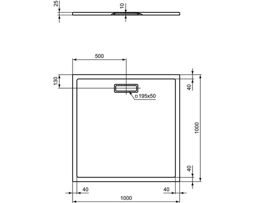 Technische Zeichnung einer Duschwanne mit Maßen