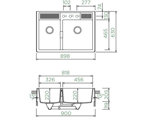 Dessin technique d''un évier à deux bacs avec indications de dimensions