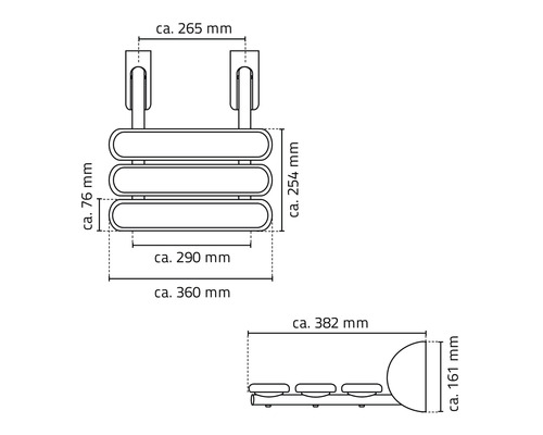 Maßzeichnung für einen Handtuchhalter mit drei Stangen und Wandbefestigung