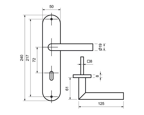 Schéma technique d''une poignée de porte avec indications de dimensions