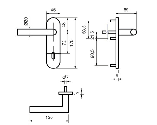 Technische Zeichnung eines Türgriffs mit Maßangaben