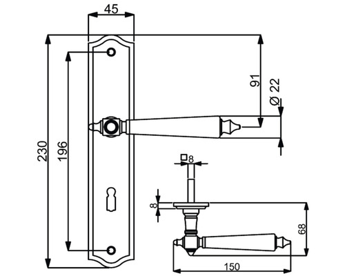 Dessin technique d''une béquille de porte avec plaque longue et indications de dimension