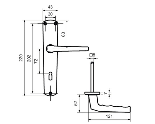 Technische Zeichnung eines Türdrückers mit Maßangaben