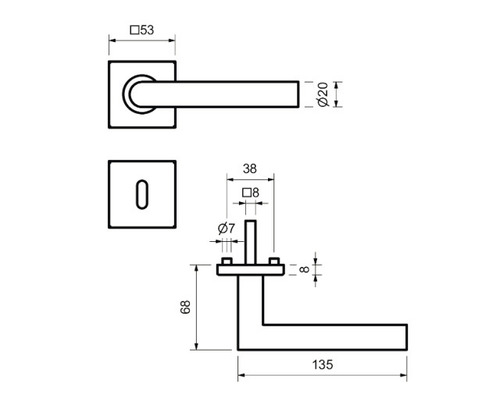 Technische Zeichnung einer Türdrückergarnitur mit Maßangaben.