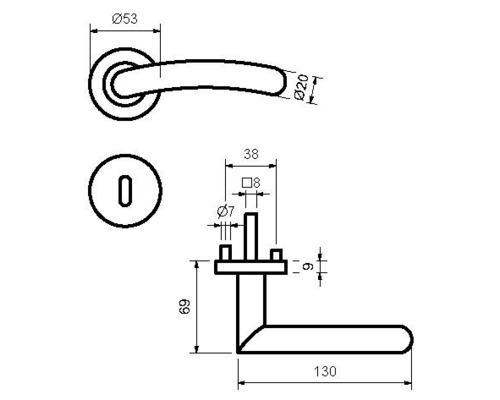 Technische Zeichnung eines Türgriffs mit Maßangaben