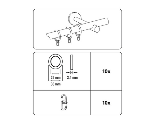 Dessin technique d''une tringle à rideaux avec anneaux et crochets, 10 pièces