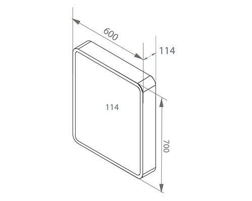 Technische Zeichnung eines Badezimmerspiegels mit Maßen 600 x 700 x 114 mm
