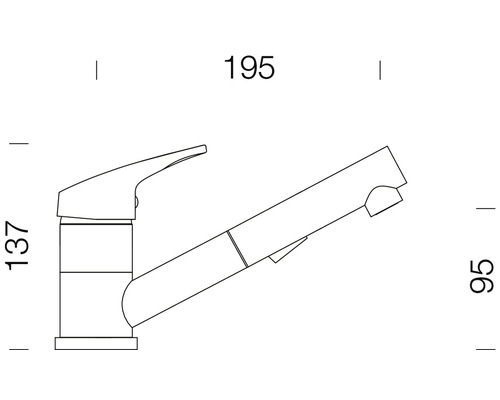Schéma technique d''un robinet de cuisine avec douchette extractible et indications de mesure