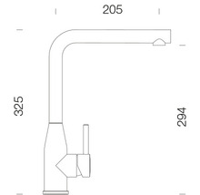 Technische Zeichnung einer Küchenarmatur mit Maßen.
