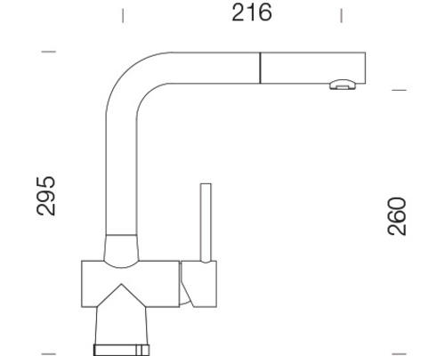 Schéma technique d''un robinet de cuisine avec les dimensions 216, 295 et 260