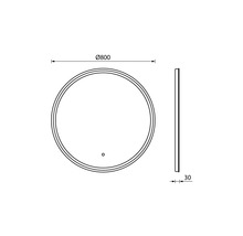Technische Zeichnung eines runden Spiegels mit einem Durchmesser von 800 mm und einer Tiefe von 30 mm
