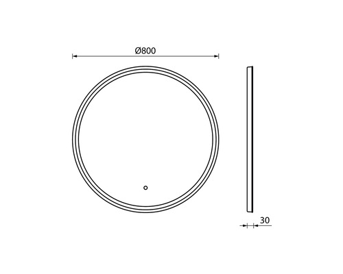 Dessin technique d''un miroir rond d''un diamètre de 800 mm et d''une profondeur de 30 mm