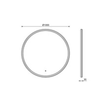 Technische Zeichnung eines runden Spiegels mit den Maßen 1000 mm Durchmesser und 30 mm Dicke