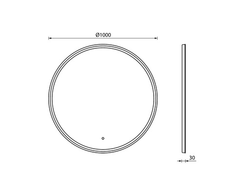 Dessin technique d''un miroir rond avec des dimensions de 1000 mm de diamètre et 30 mm d''épaisseur