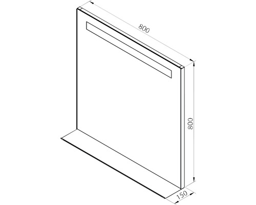 Technische Zeichnung eines Spiegels mit den Maßen 800 x 800 x 150 Millimeter